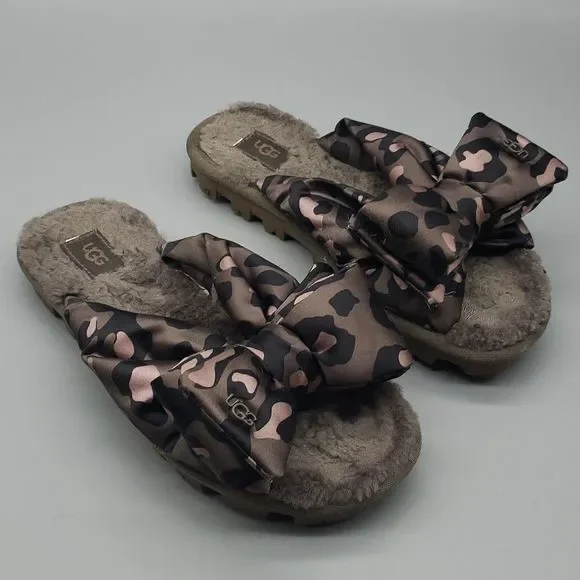 UGG LEOPARD LUSHETTE SLIDE SHEARLING SATIN PUFFER SANDALS - Picture 2 of 9